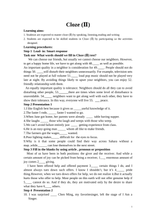 浏阳艺校英语熊焱学案　Cloze