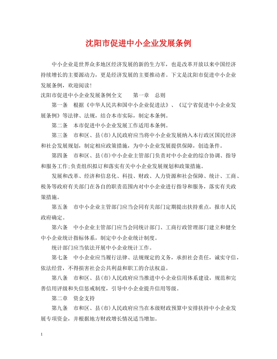 沈阳市促进中小企业发展条例 _第1页