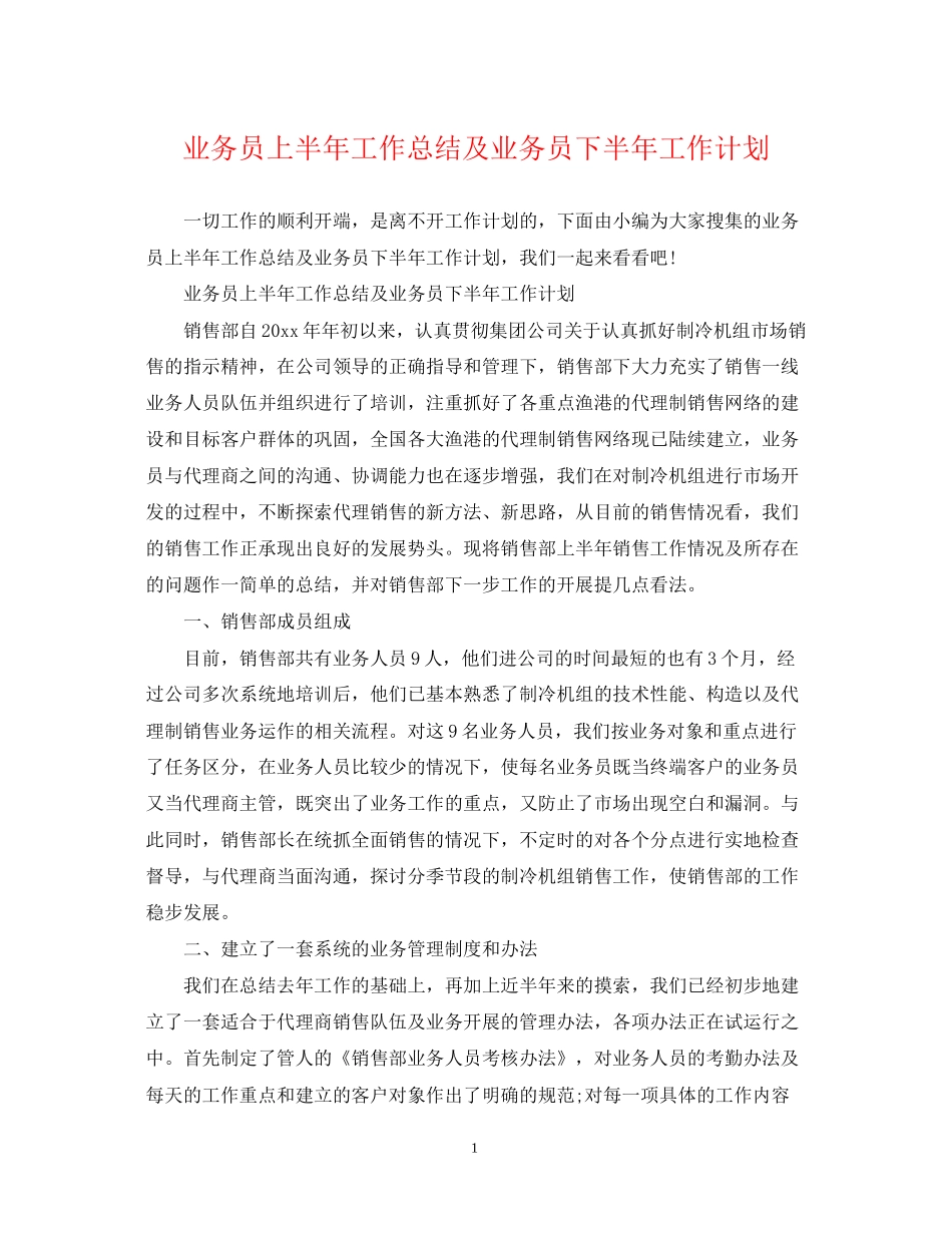 业务员上半年工作总结及业务员下半年工作计划_第1页
