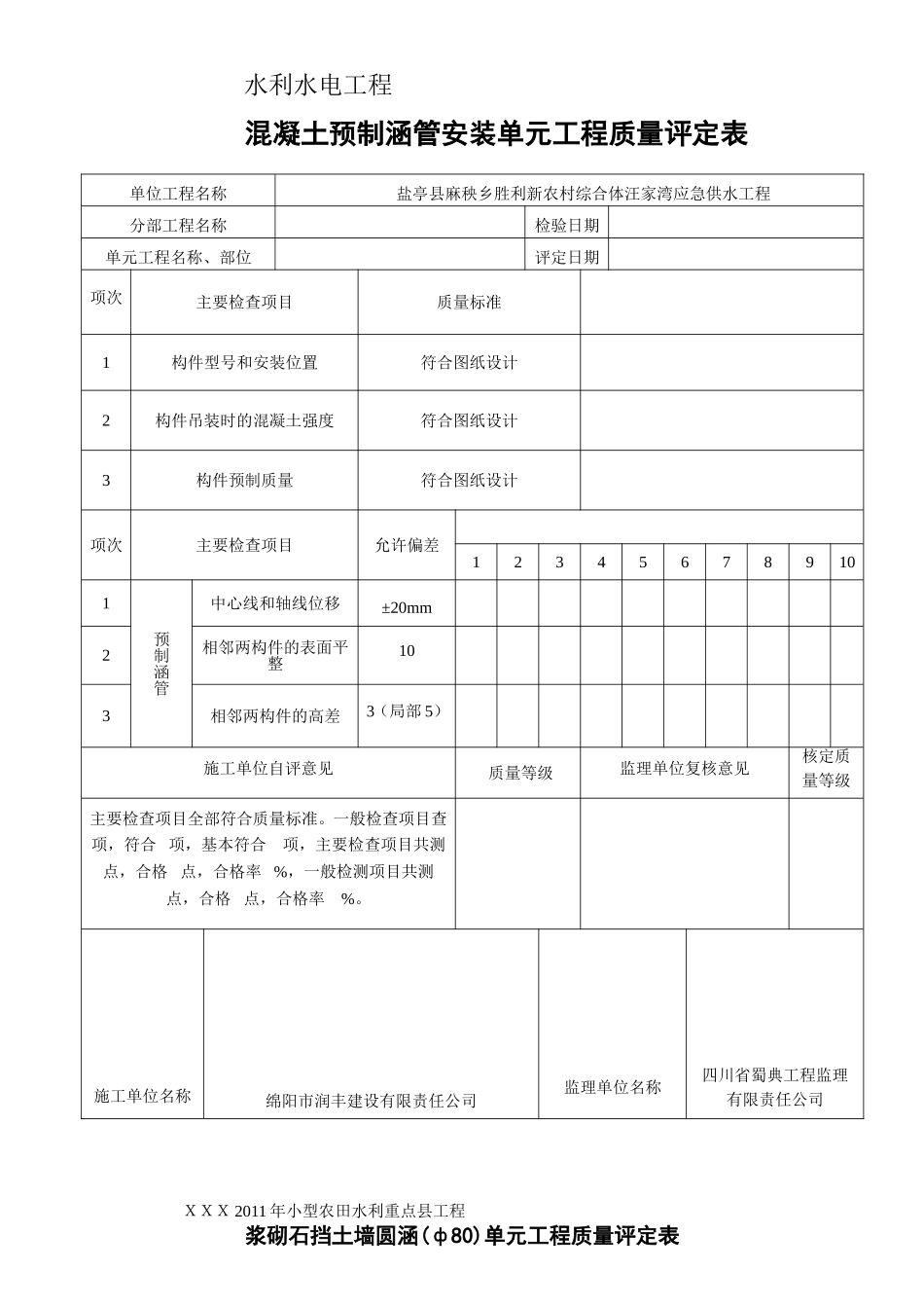 涵管单元工程质量评定表_第1页