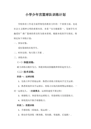 小学少年宫篮球队训练计划