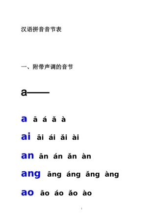 汉语拼音音节表(附带声调和不带声调的音节)