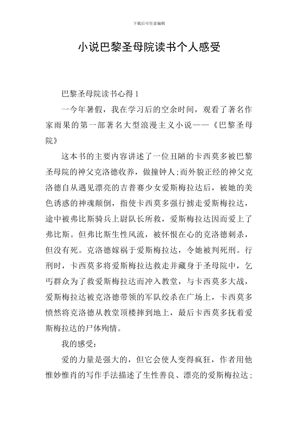 小说巴黎圣母院读书个人感受_第1页