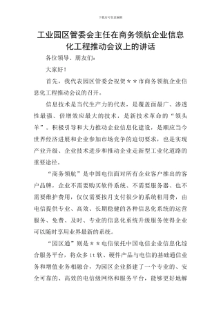 工业园区管委会主任在商务领航企业信息化工程推进会议上的讲话