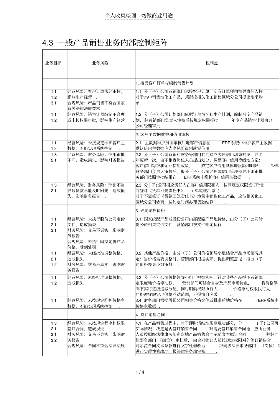 一般产品销售业务控制矩阵制度汇编范本格式_第1页