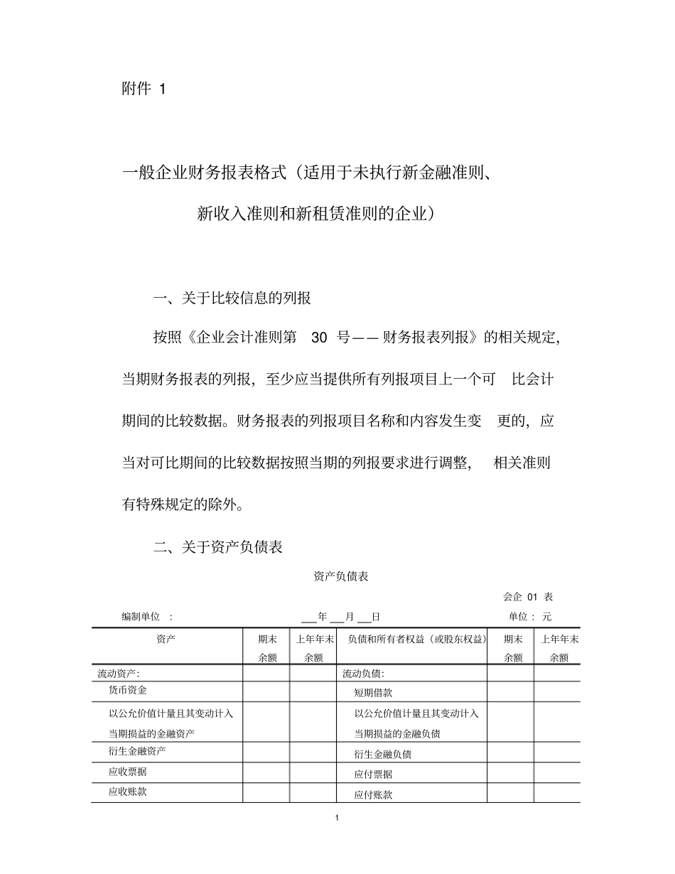 一般企业财务报表格式适用于未执行新金融准则、新收入准则与新租赁准则的企业版_第1页