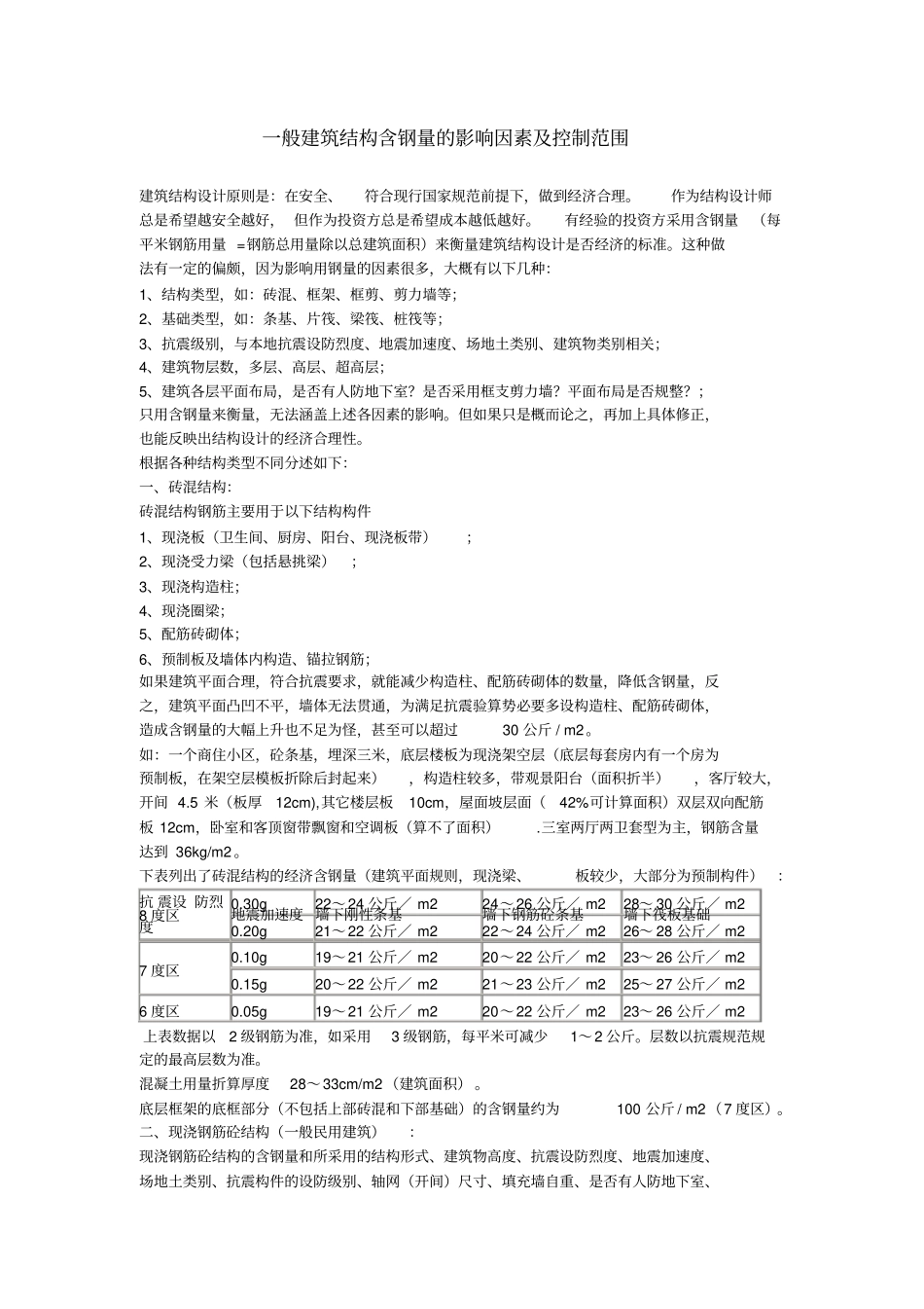 一般建筑结构含钢量的影响因素及控制范围_第1页