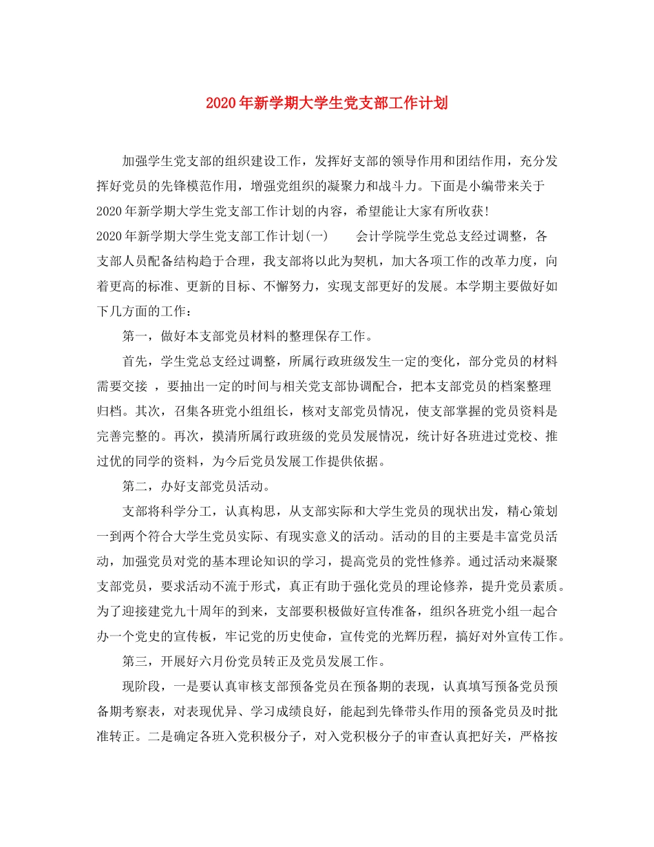2020年新学期大学生党支部工作计划_第1页