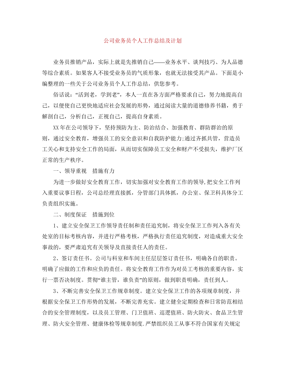 公司业务员个人工作总结及计划_第1页