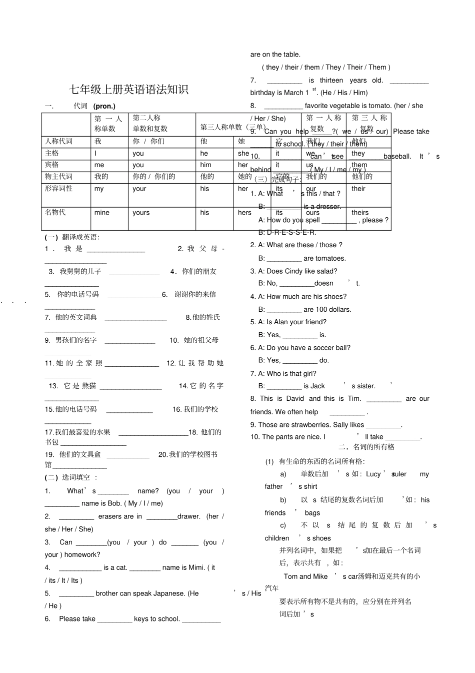七上英语语法知识_第1页