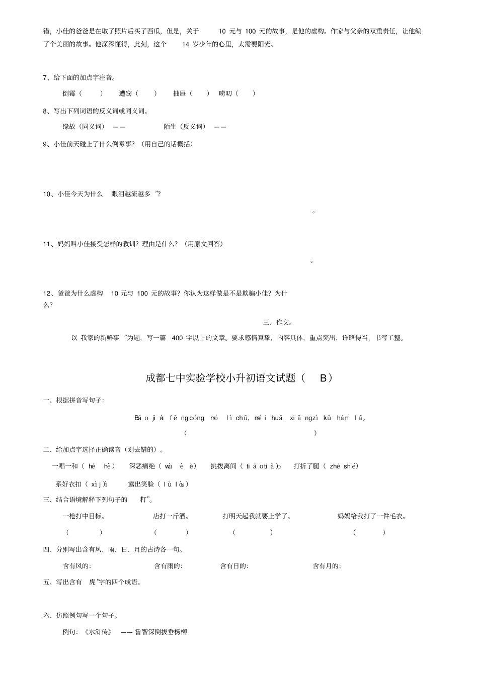 七中试验学校小升初试题_第2页