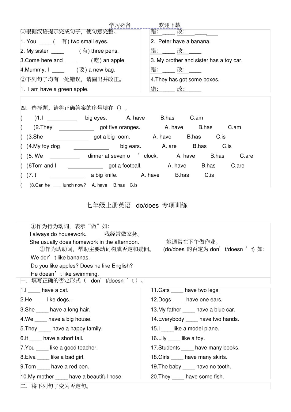 七年级have-has-do-does的用法与练习题_第2页