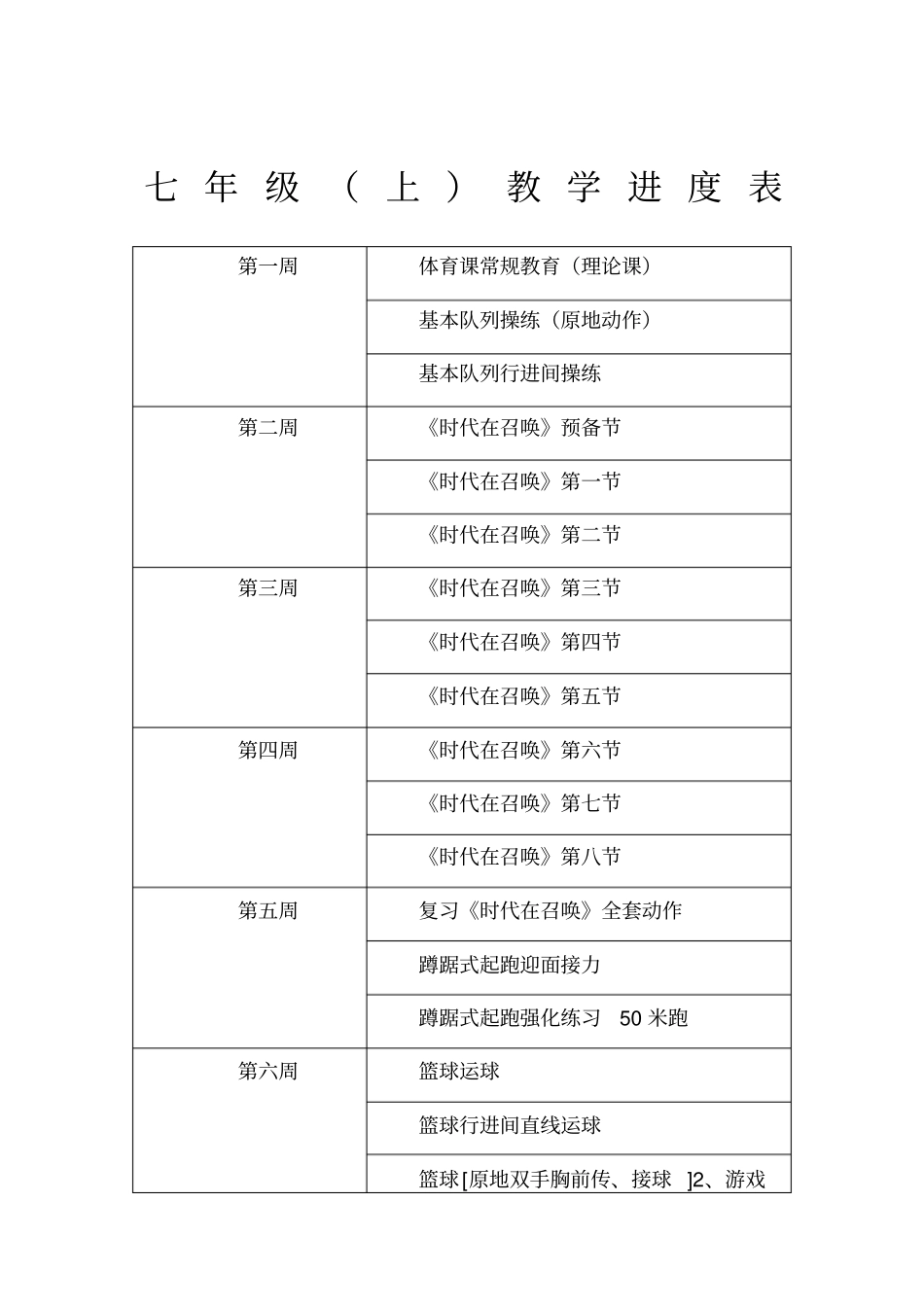 七年级上体育教学进度表_第1页