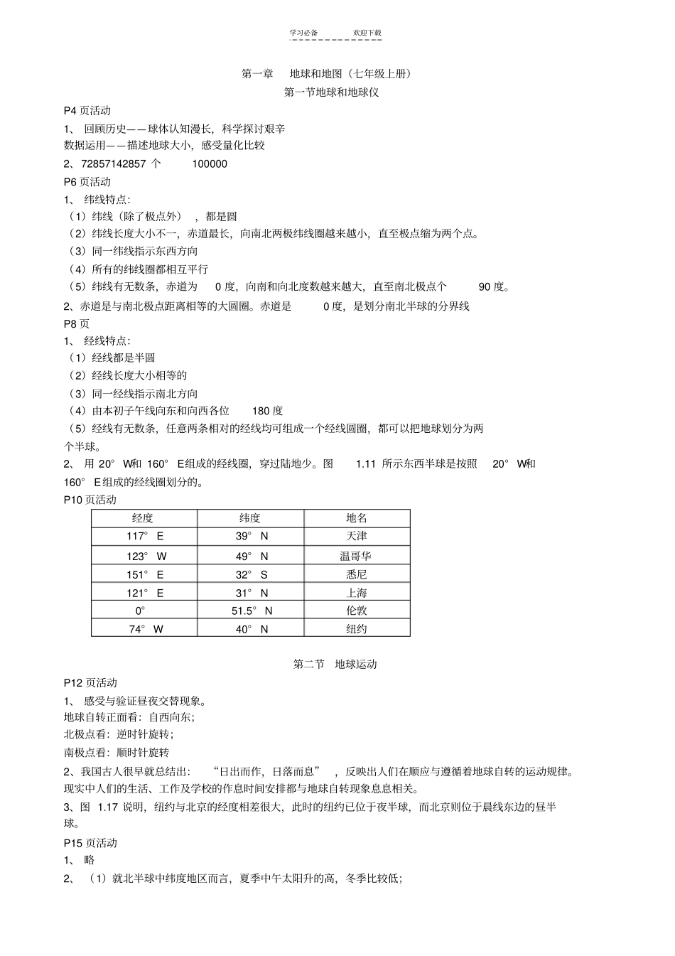 七年级上册地理课后习题答案人教版_第1页