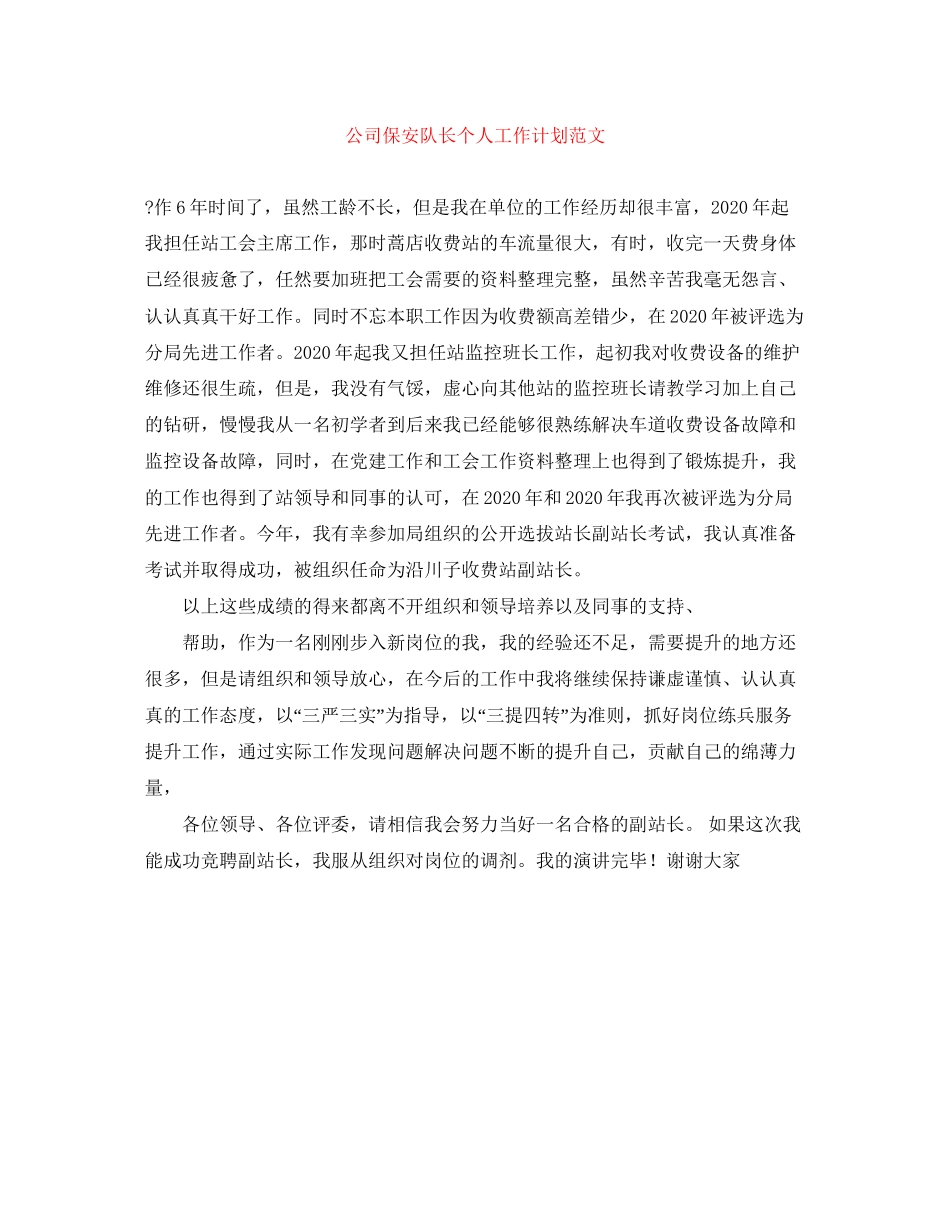 公司保安队长个人工作计划范文_第1页