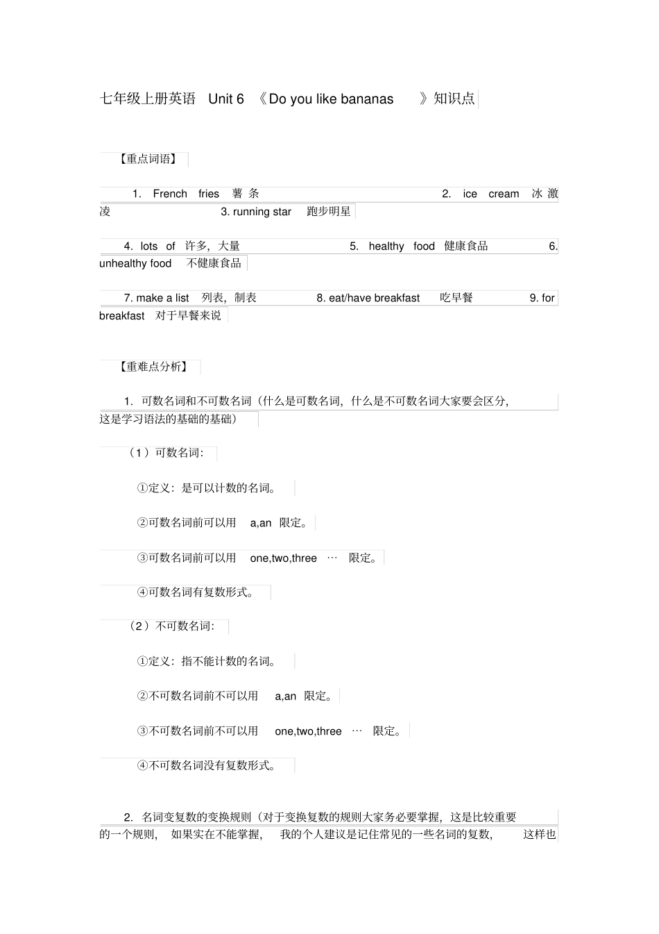 七年级上册英语Unit6Doyoulikebananas知识点_第1页