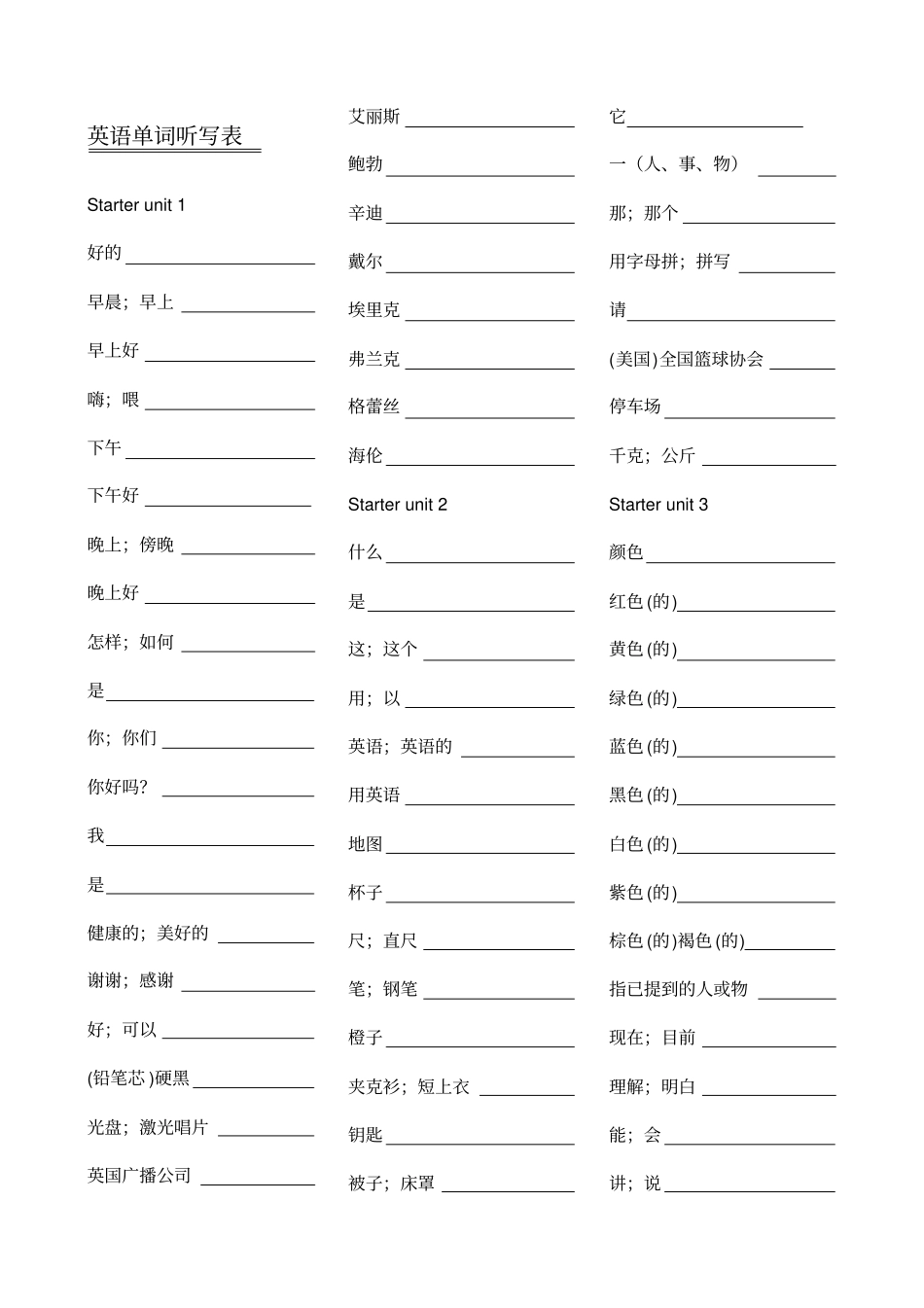 七年级上册英语单词听写表_第1页