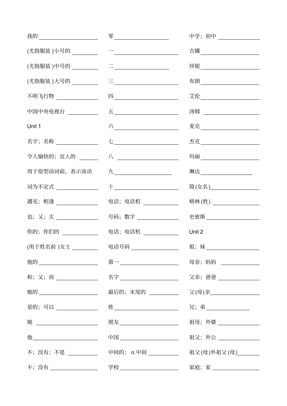 七年级上册英语单词听写表_第2页