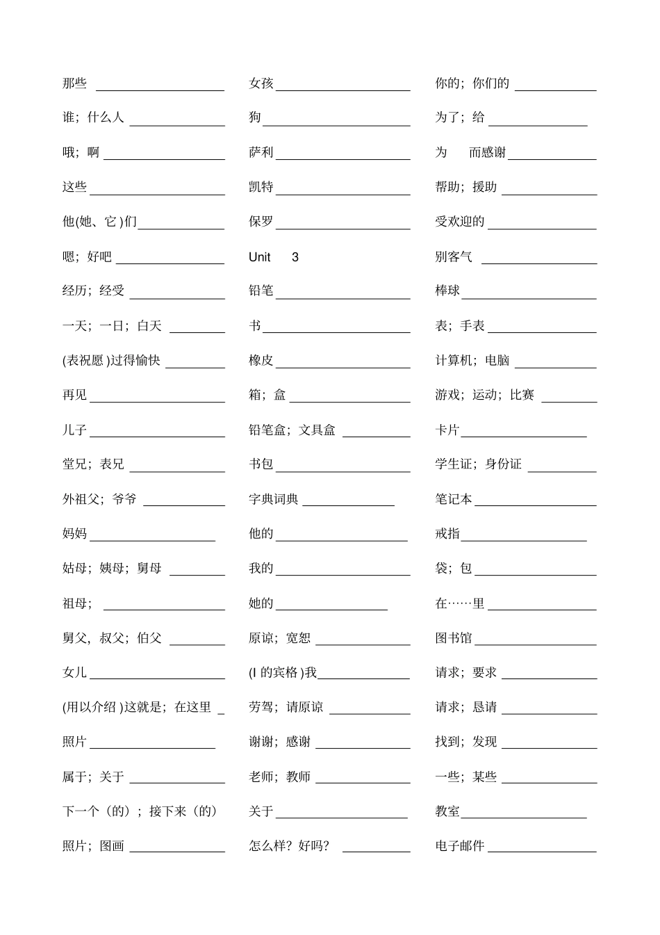 七年级上册英语单词听写表_第3页