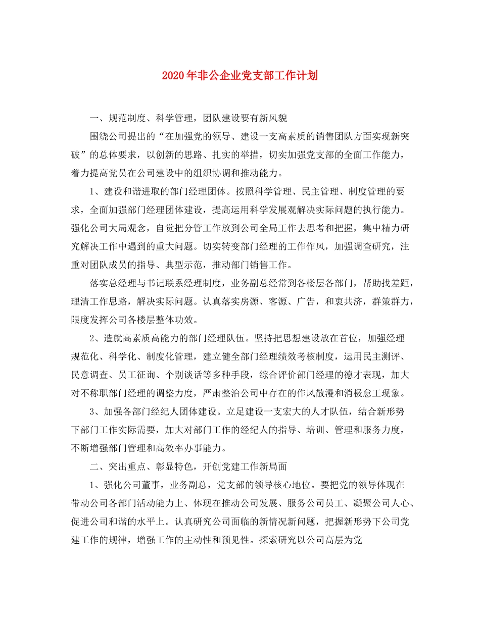 2020年非公企业党支部工作计划_第1页