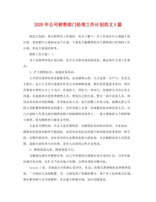 2020年公司销售部门经理工作计划范文5篇