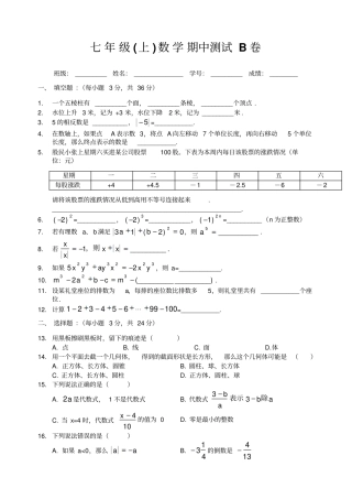 七年级上数学期中测试B卷含答案-