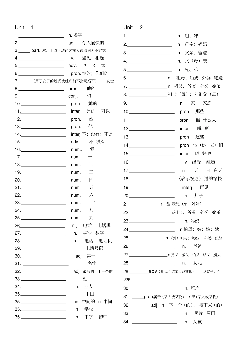 七年级上英语单词默写表_第2页