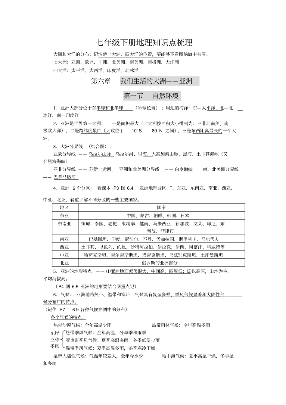 七年级下册地理知识点梳理_第1页