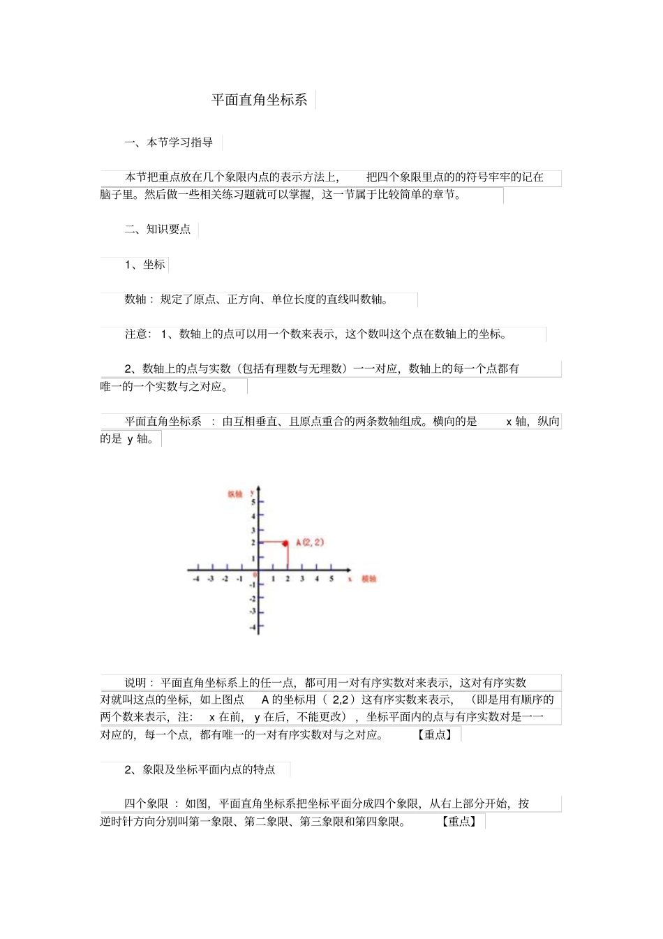 七年级下册数学平面直角坐标系坐标系知识点整理_第1页