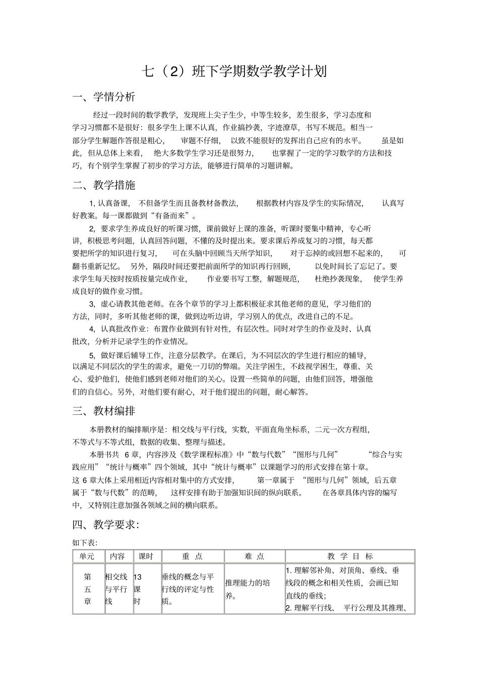 七年级下册数学教学工作计划_第1页