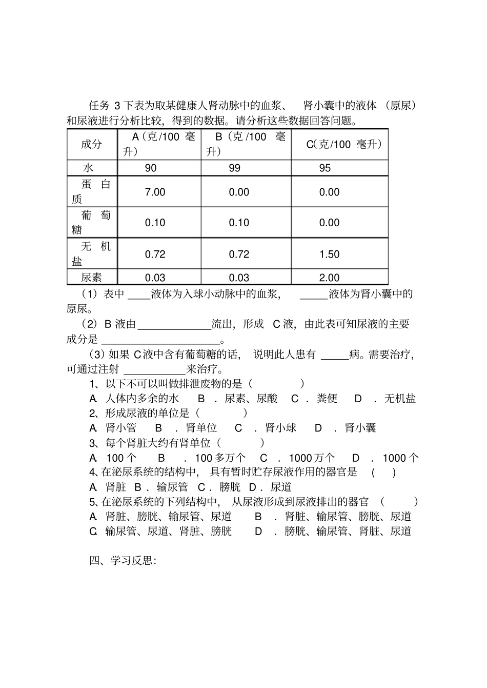 七年级下册生物人体内废物的排出导学案_第3页