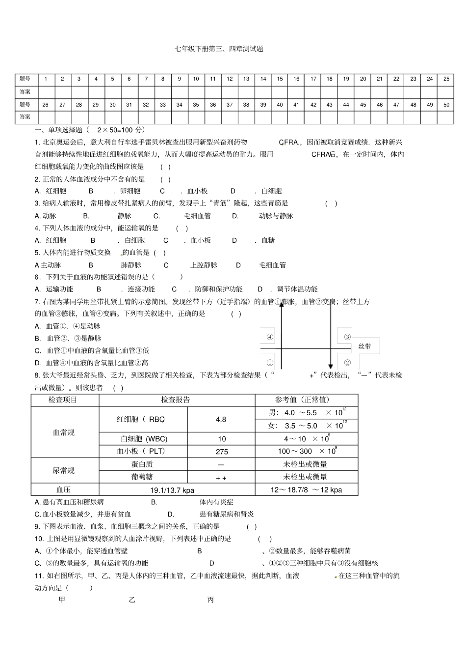 七年级下册生物测试题_第1页