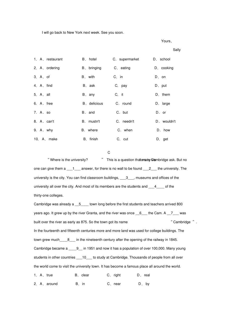 七年级下英语完形填空专项练习016_第2页