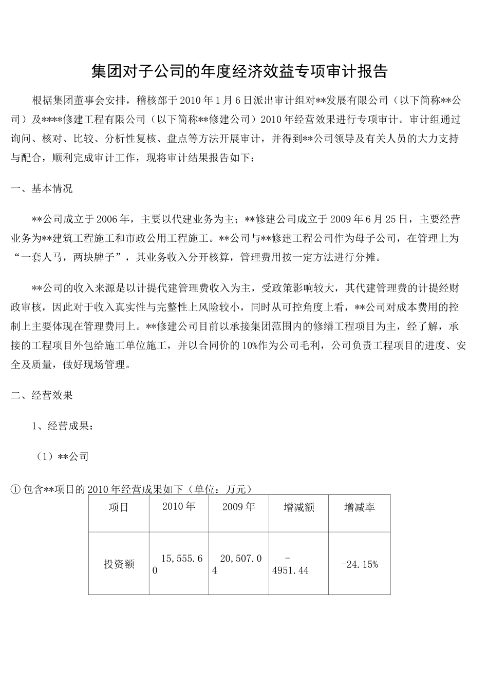 集团对子公司的经济效益专项审计报告_第1页