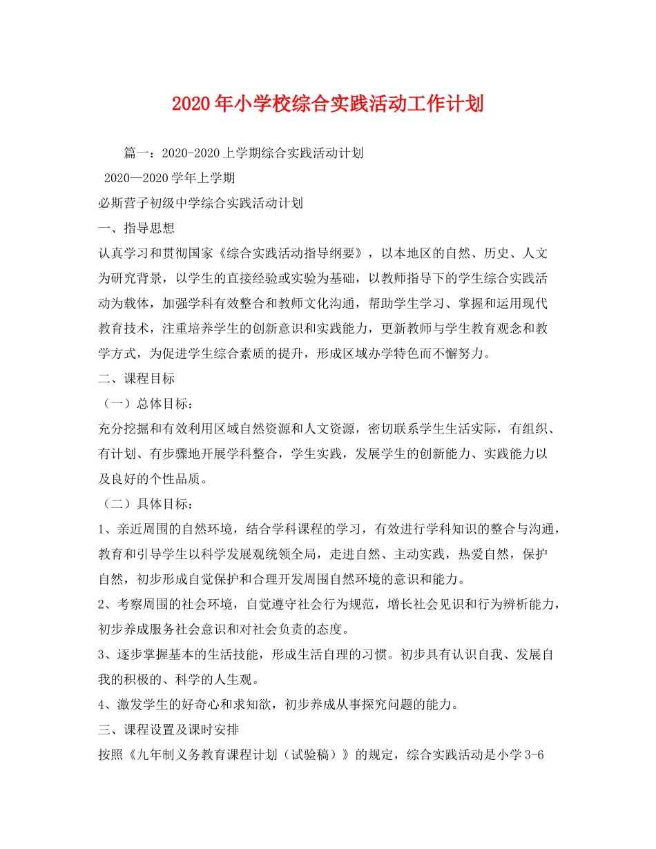 2020年小学校综合实践活动工作计划_第1页