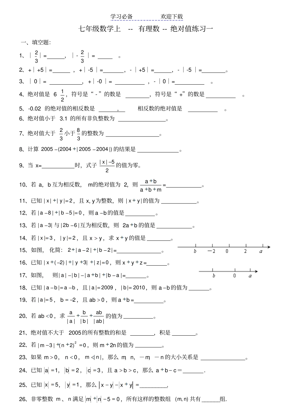 七年级数学上--绝对值练习及提高习题_第1页