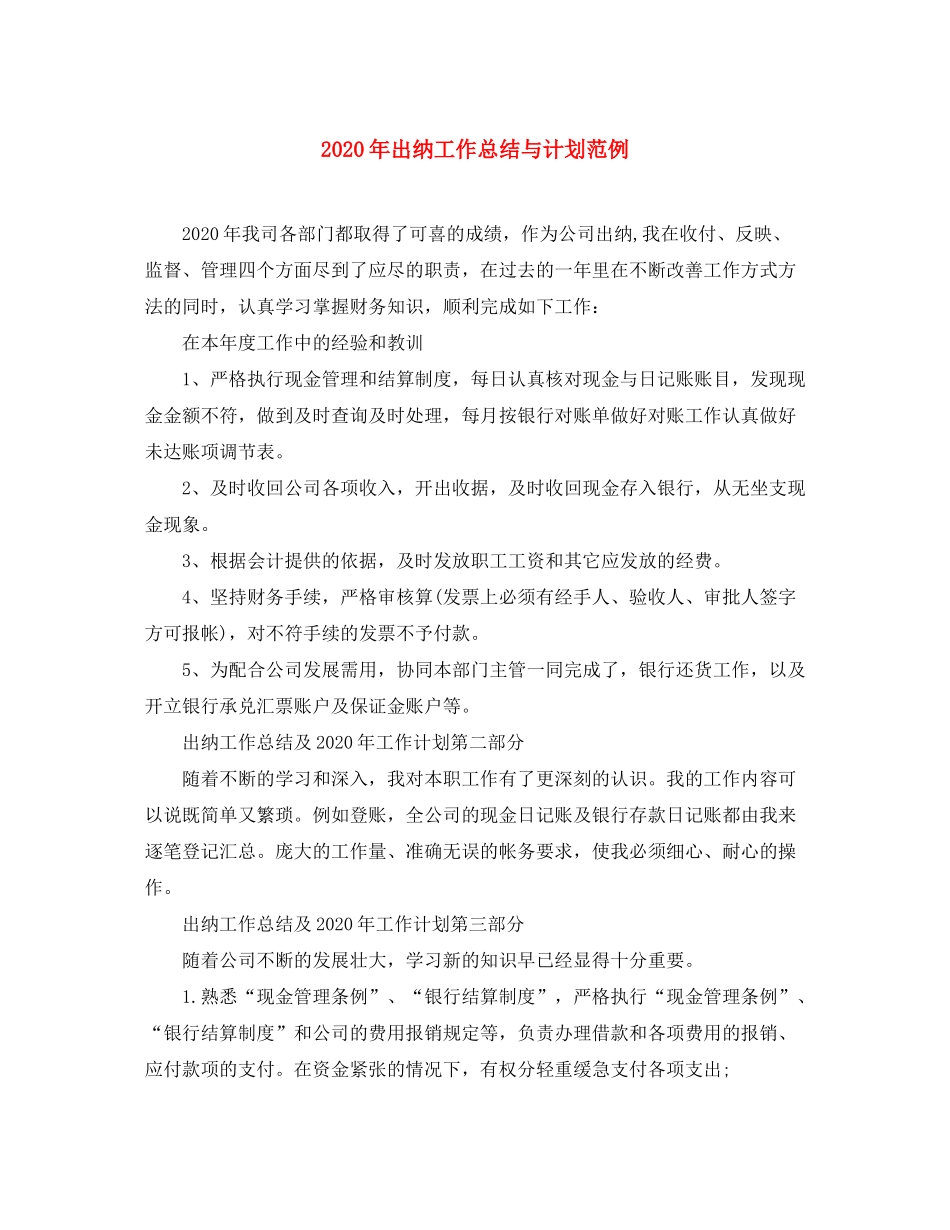 2020年出纳工作总结与计划范例_第1页
