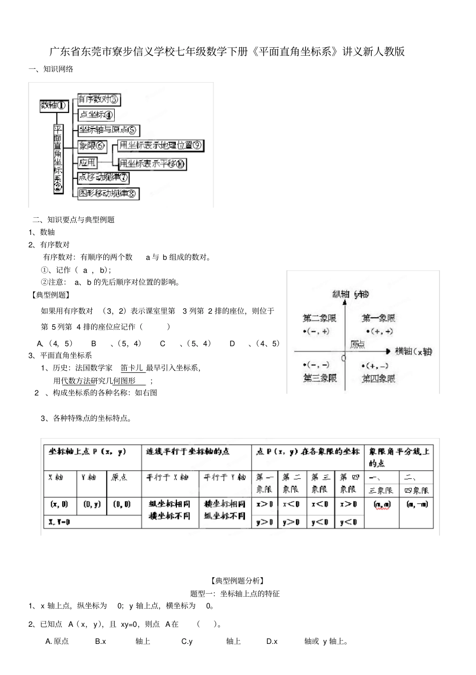 七年级数学下册平面直角坐标系讲义新人教版_第1页