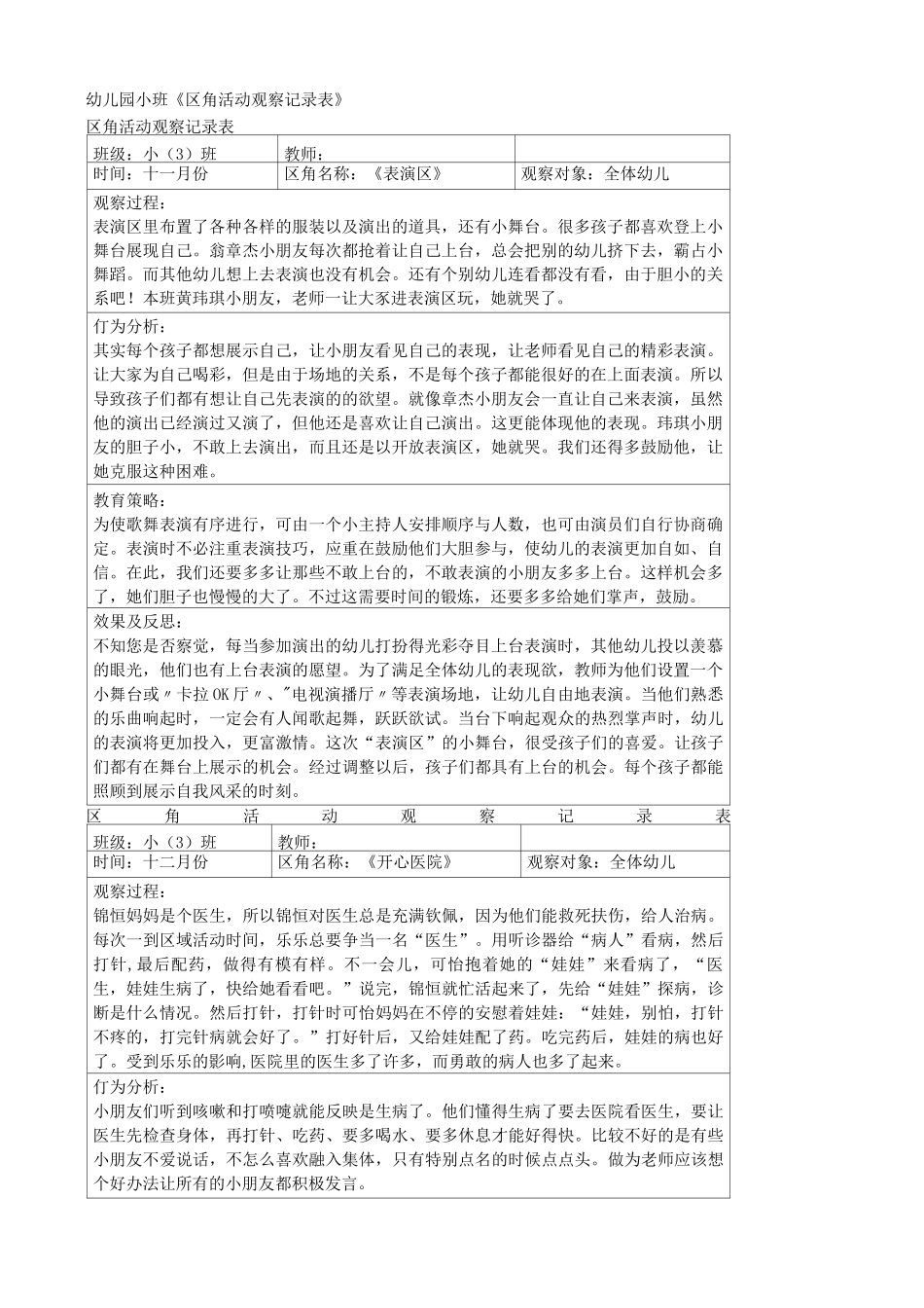 小班区域观察记录50篇_第1页