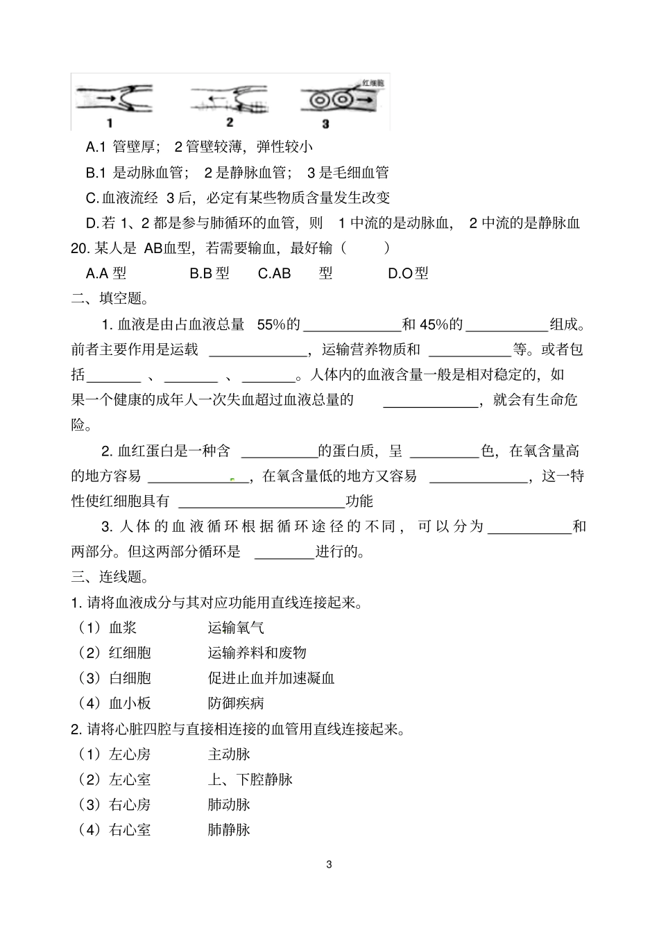 七年级生物下册人体内的物质运输测试题_第3页