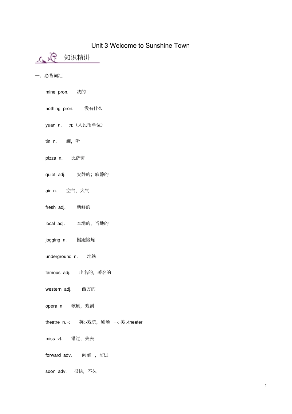 七年级英语下册Unit3WelcometoSunshineTown词汇与语法基础训练新版牛津版_第1页