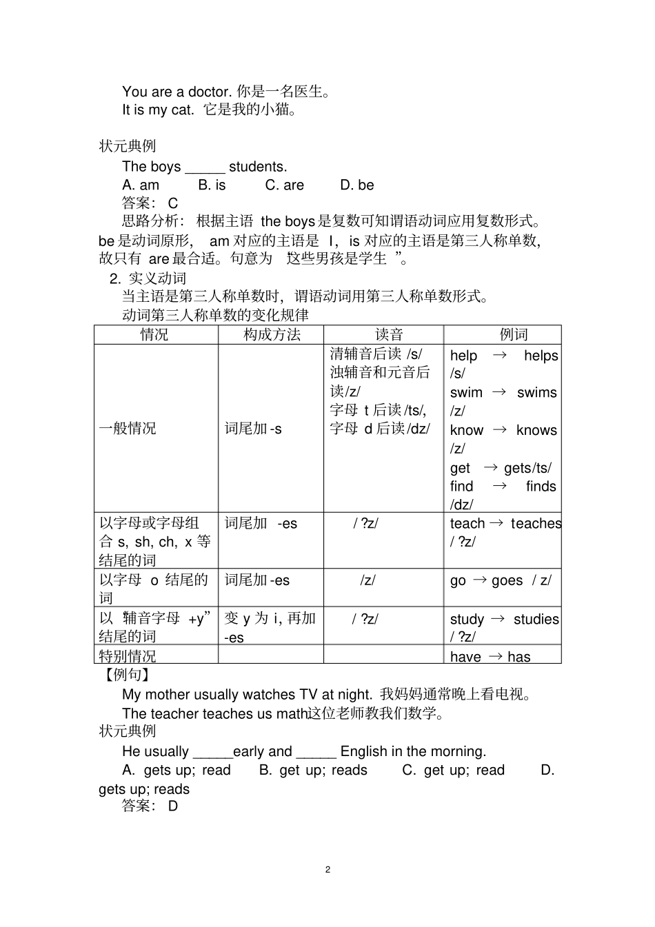 七年级英语语法：一般现在时及练习_第2页