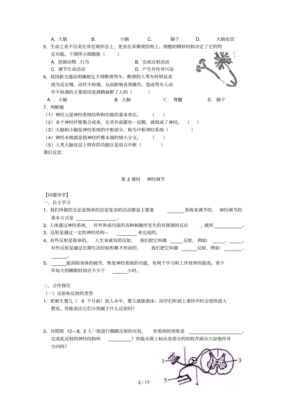 七级生物下册神经调节学案_第2页