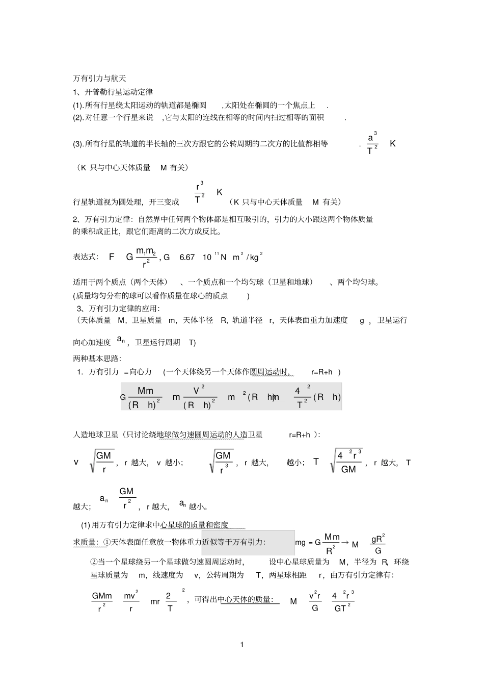 万有引力与航天知识点总结_第1页