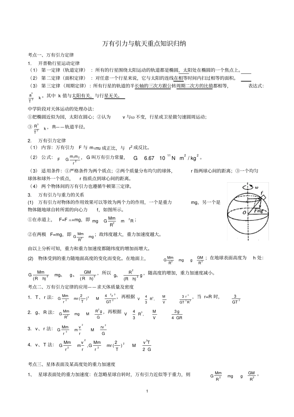 万有引力与航天重点知识归纳_第1页
