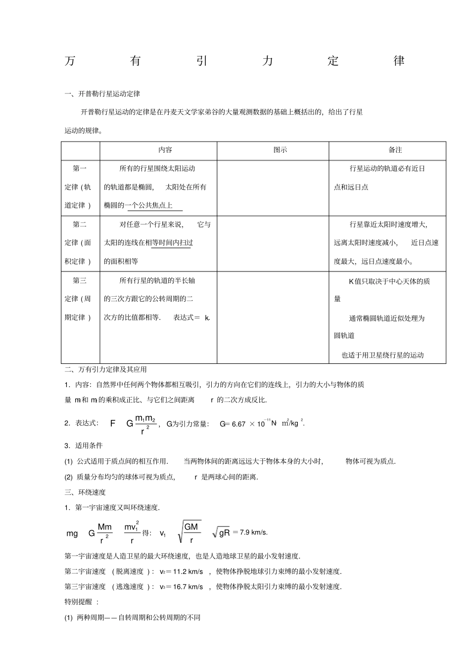 万有引力定律知识点含答案_第1页