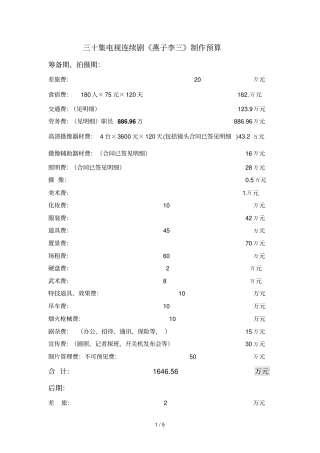 三十集电视连续剧预算