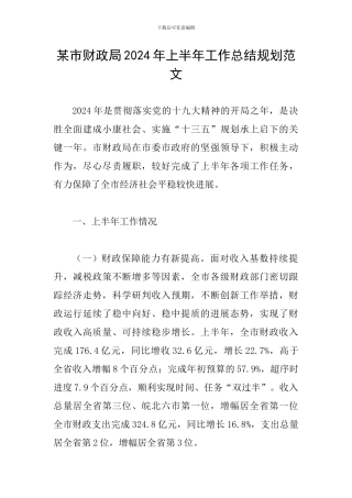 某市财政局2024年上半年工作总结规划范文