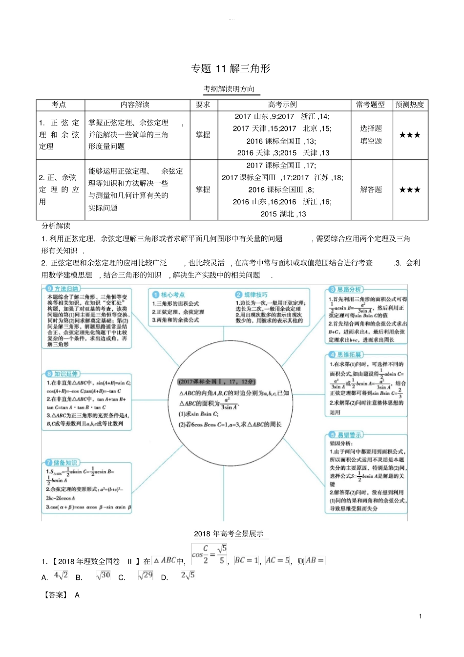三年高考2012018高考数学试题分项版解析-专题1解三角形-理含解析_第1页