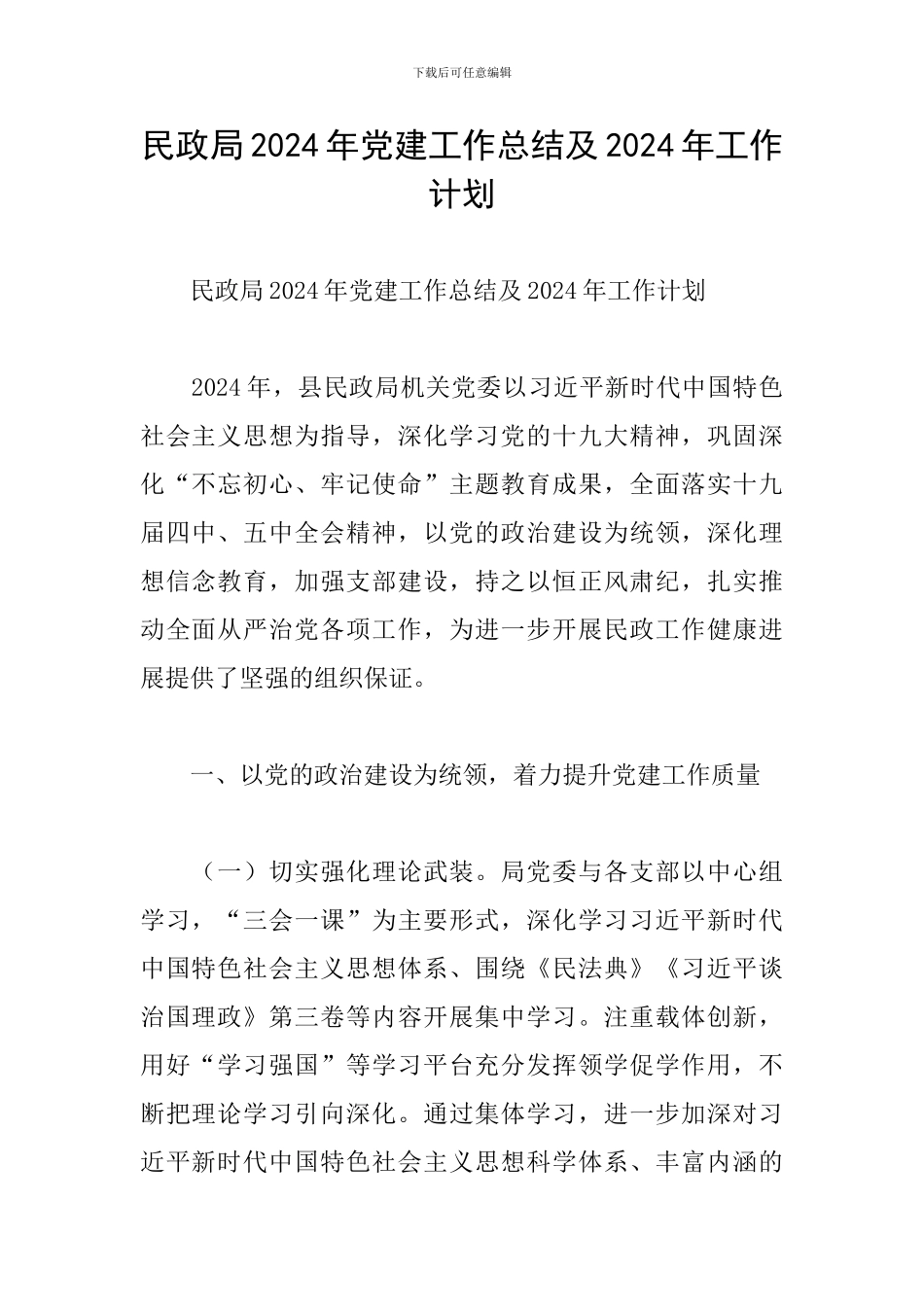 民政局2024年党建工作总结及2024年工作计划_第1页